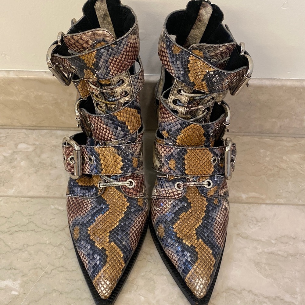 Jeffrey Campbell pointed toe heeled booties with buckle and lace-up detail